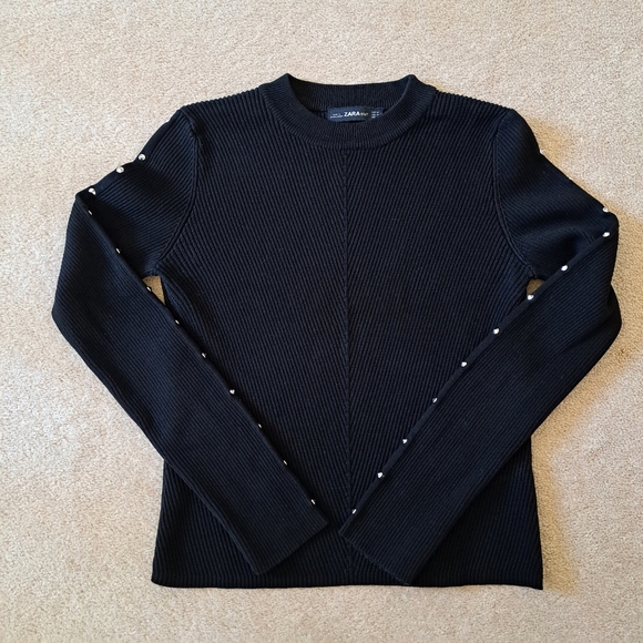 Zara Ribbed Knit Sweater Size Medium Black Crewneck Studded Chevron Pattern - Picture 11 of 12